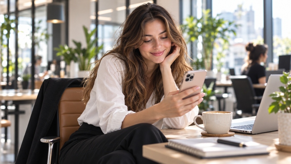 Smiling woman in white blouse at workspace desk with smartphone, coffee and laptop