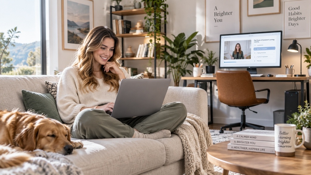 Woman practicing English on laptop on living room sofa with pet dog