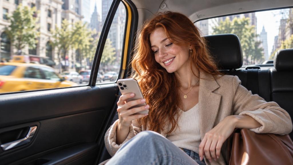 Woman practicing English on phone in taxi commute