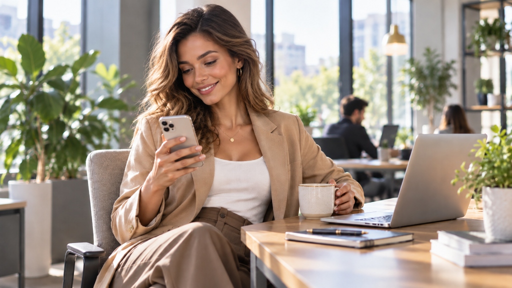 Woman practicing English on phone at modern tech office desk