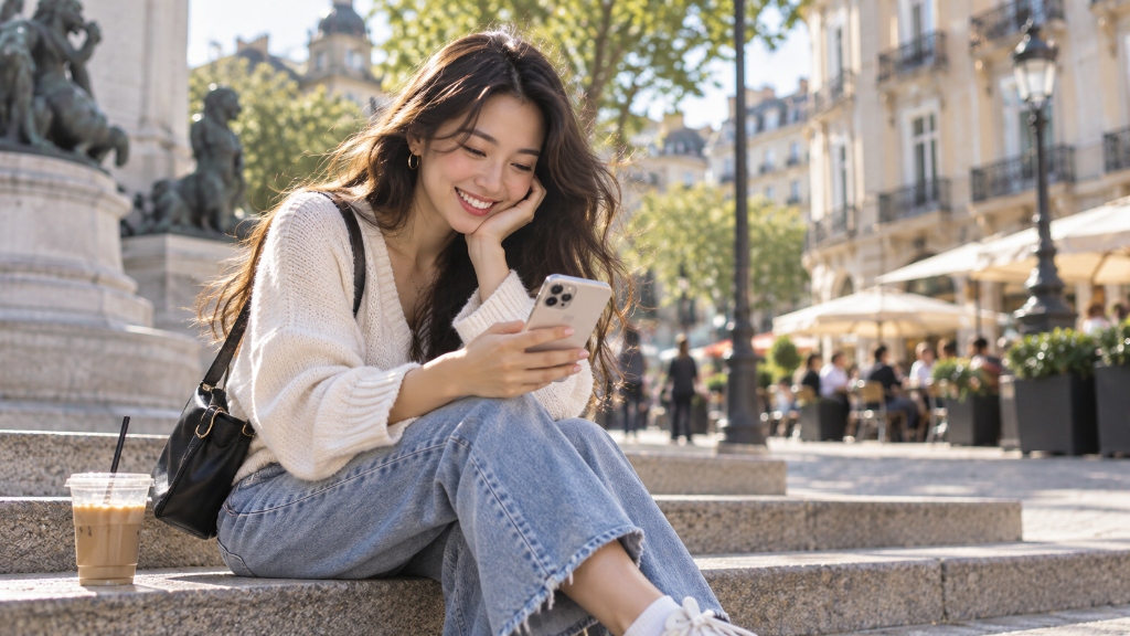 Woman practicing English on phone on sunny outdoor plaza steps