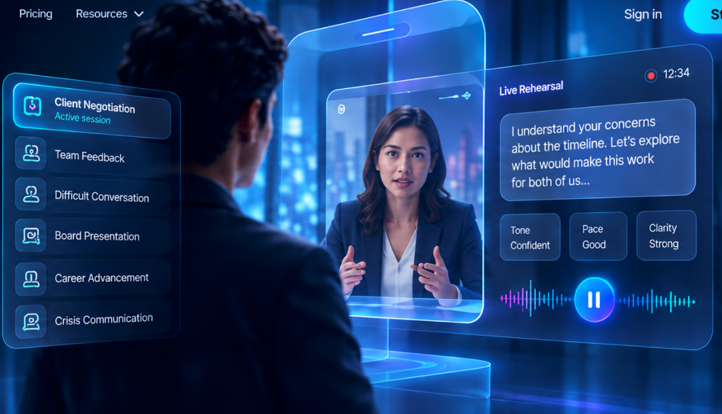 Prodelect live rehearsal in virtual communication space with AI mentor